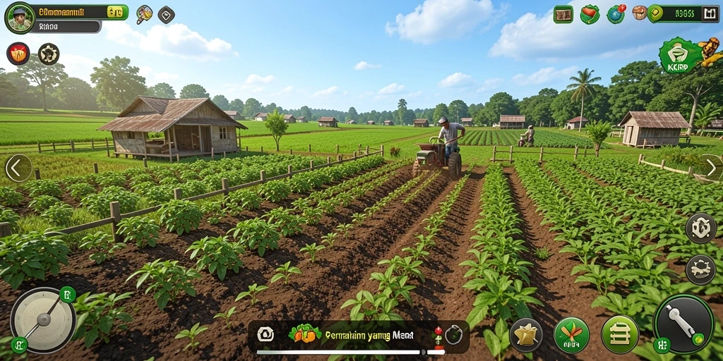 Tampilan screenshot KKRP menampilkan keindahan ladang yang subur dan hewan ternak.